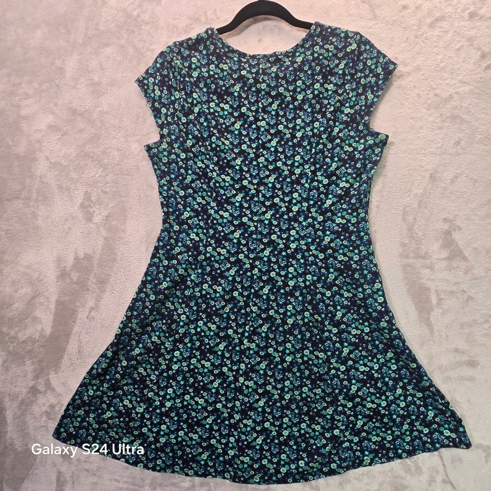 Bongo Teal Green Floral Cap Sleeve Fit and Flare Dress Large L/G Cotton Blend
